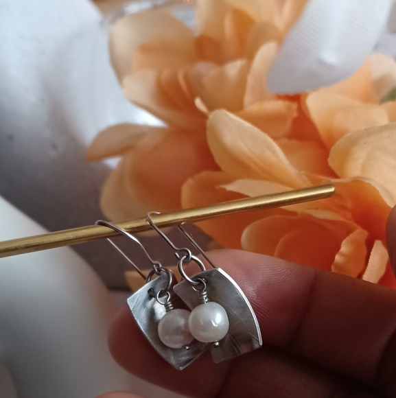 Geometric Earrings with Dangling Pearl - Picture 8 of 14